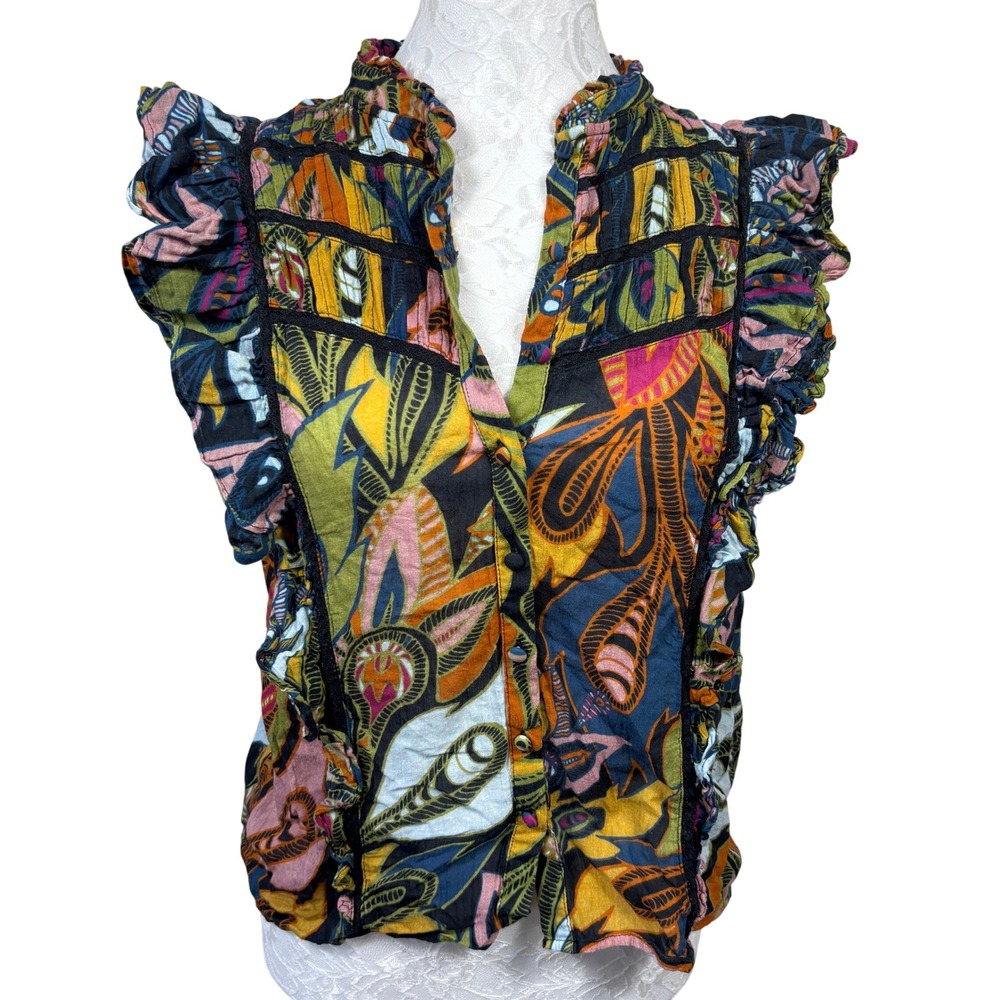 Allison New York Multicolor Ruffle Sleeve Abstract Button Up Top Blouse Womens M